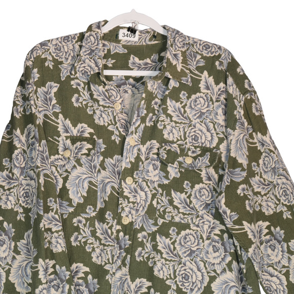 Dockers Mens Size XL Green Blue Floral Button Up Shirt Flap Pockets Long Sleeve - Picture 2 of 11